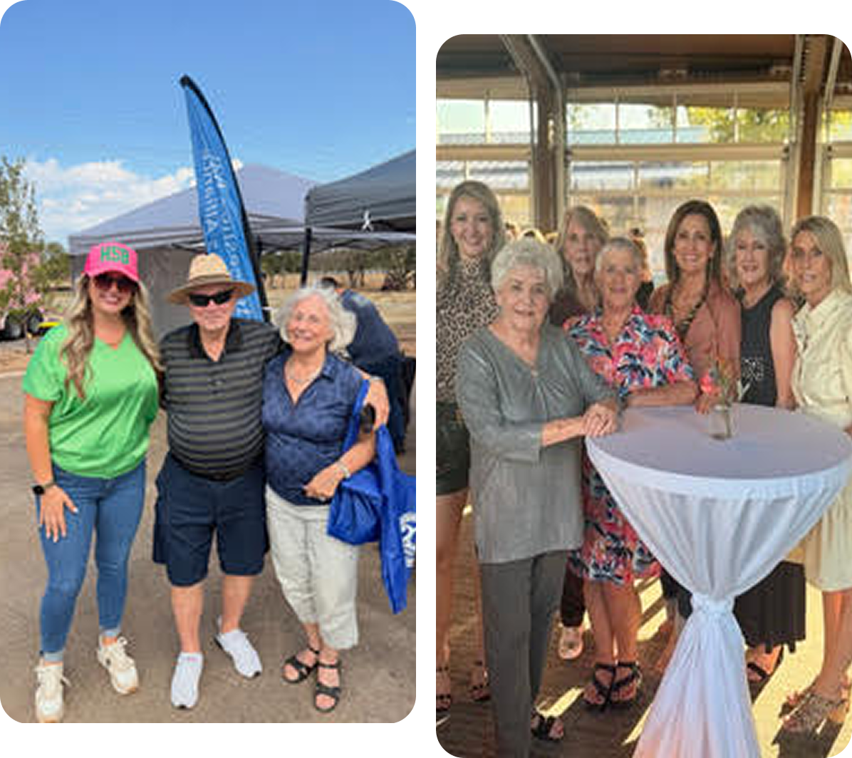 Outdoor trio and indoor group of women