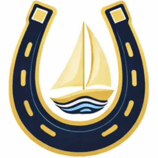 Horseshoe framing sailboat and stylized waves